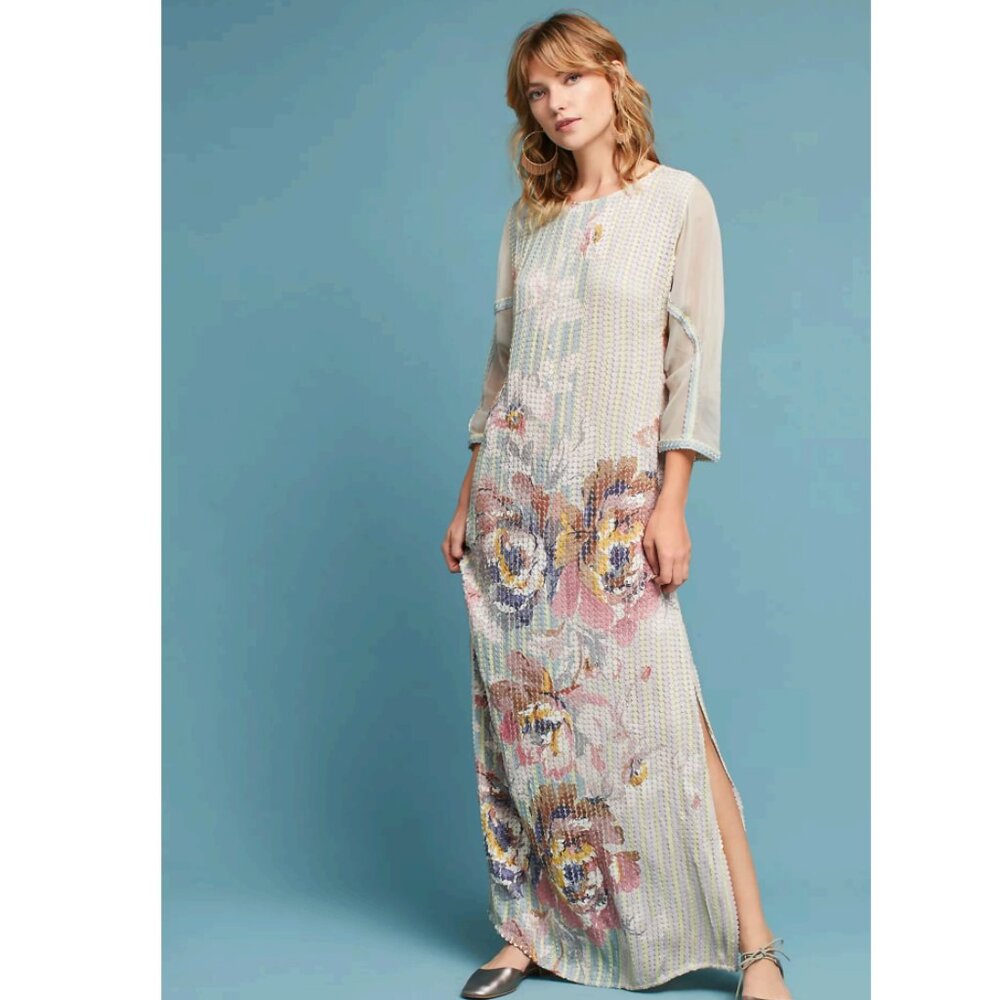 Anthropologie Floral Sequin Maxi Dress in Ivory with Pink and Yellow